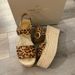Marc Fisher LTD Leopard Calf Hair Rexly Platform Sandal Wedges Size 9